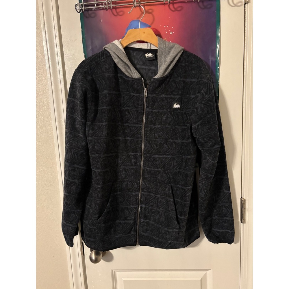 Quiksilver Mens Full Zip Fleece Hoodie Charcoal Grey Tribal Pattern Size Large